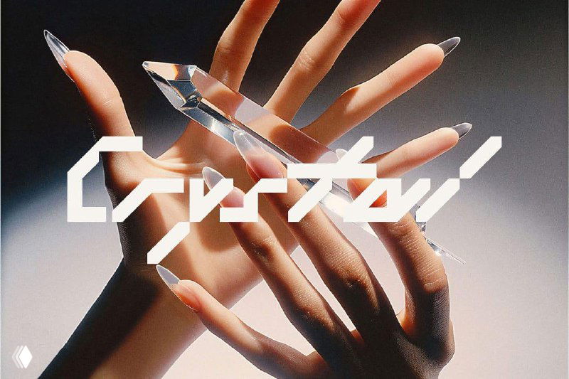 Крупный художественный рендер рук и логотипа «Crystal» в киберпанковой стилистике с акцентом на свет, формы и текстуры упаковки.