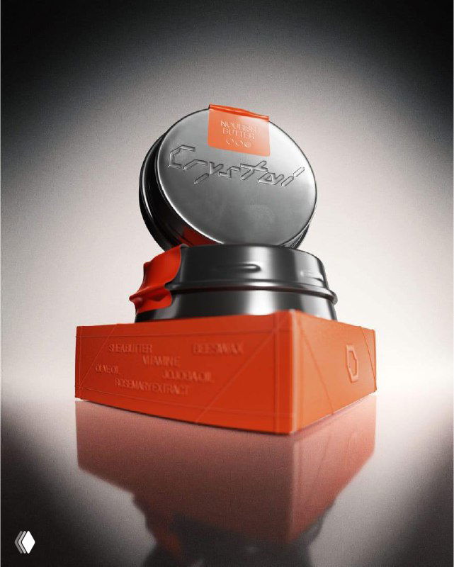 Фото/рендер круглой металлической упаковки и оранжевой подставки — детальная визуализация тиснения и материалов концепта.