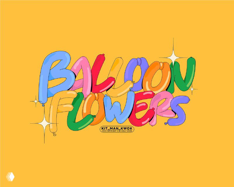 Яркая иллюстрация логотипа «Balloon Flowers» на жёлтом фоне: объёмные разноцветные буквы, стилизованные под воздушные шары, декоративные блики.