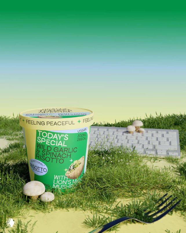 Рендер упаковки: стаканчик «Today’s special» на травяном холмике, пастельные зелёно‑бежевые тона, рядом декоративные грибы и вилка.