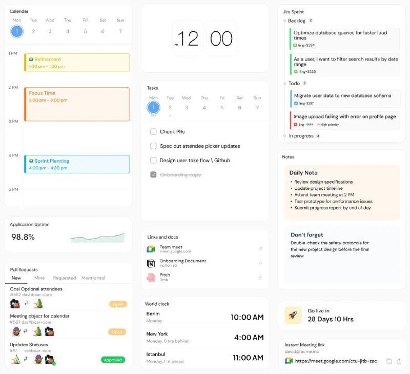 Скриншот интерфейса Making Today: настраиваемый персональный дашборд с календарём, виджетами задач, уведомлениями и панелью статистики