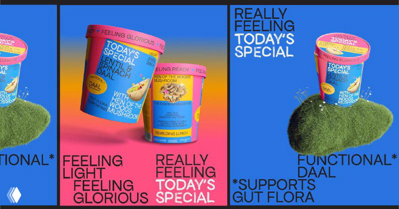 Коллаж из трёх ярких макетов упаковки «Today’s special» на градиентном фоне; насыщенные розово‑синие палитры и выразительная типографика.