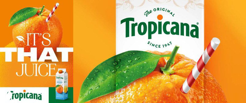 Коллаж с крупным апельсином, фрагментом логотипа Tropicana и слоганом, показывающий сочетание иллюстрации фрукта и фирменной типографики.