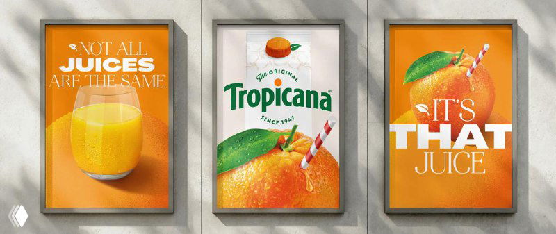 Три постера в рамках выставочной стены с цитатой и логотипом Tropicana на фоне теплых оранжевых тонов, демонстрирующие рекламную подачу концепции.