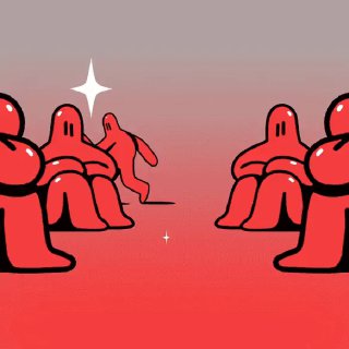 Иллюстрация: композиция с несколькими округлыми красными фигурами на градиентном фоне, фигуры расположены группой с небольшими сияниями и сценической глубиной.