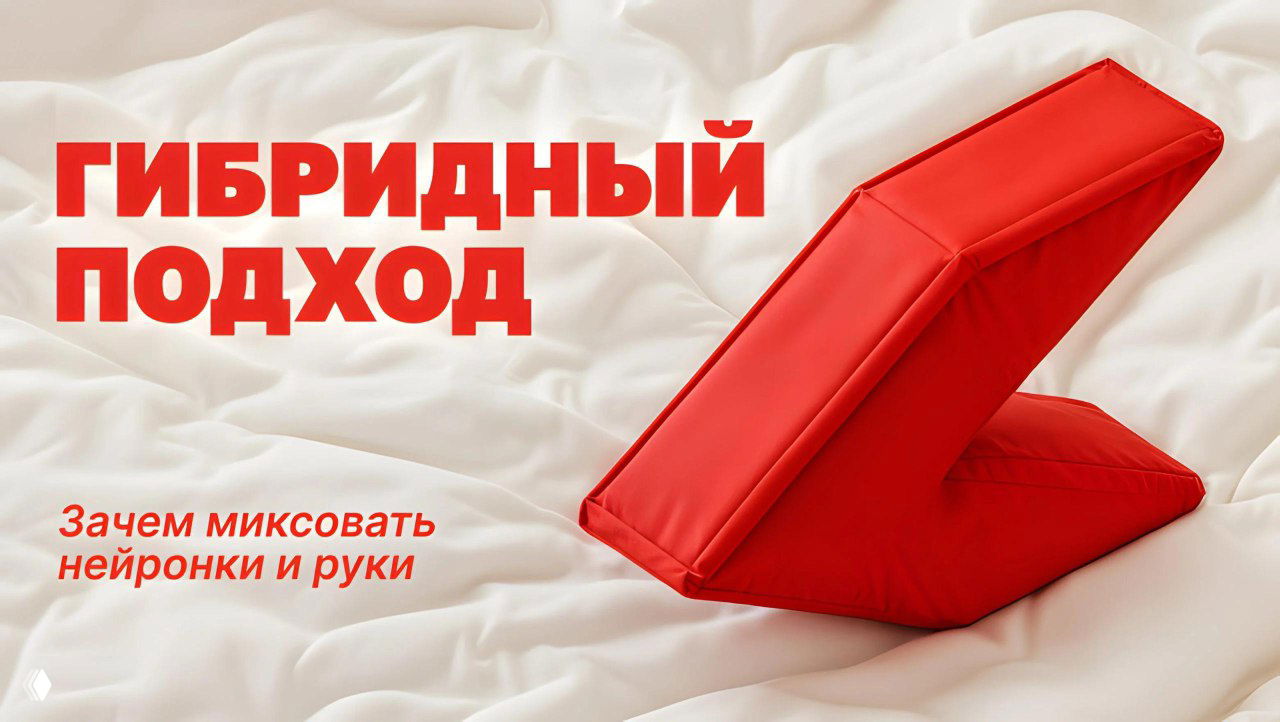 Красная 3D-подушка-стрелка на белом фоне и крупный заголовок «Гибридный подход» — иллюстрация к статье о нейросетях.