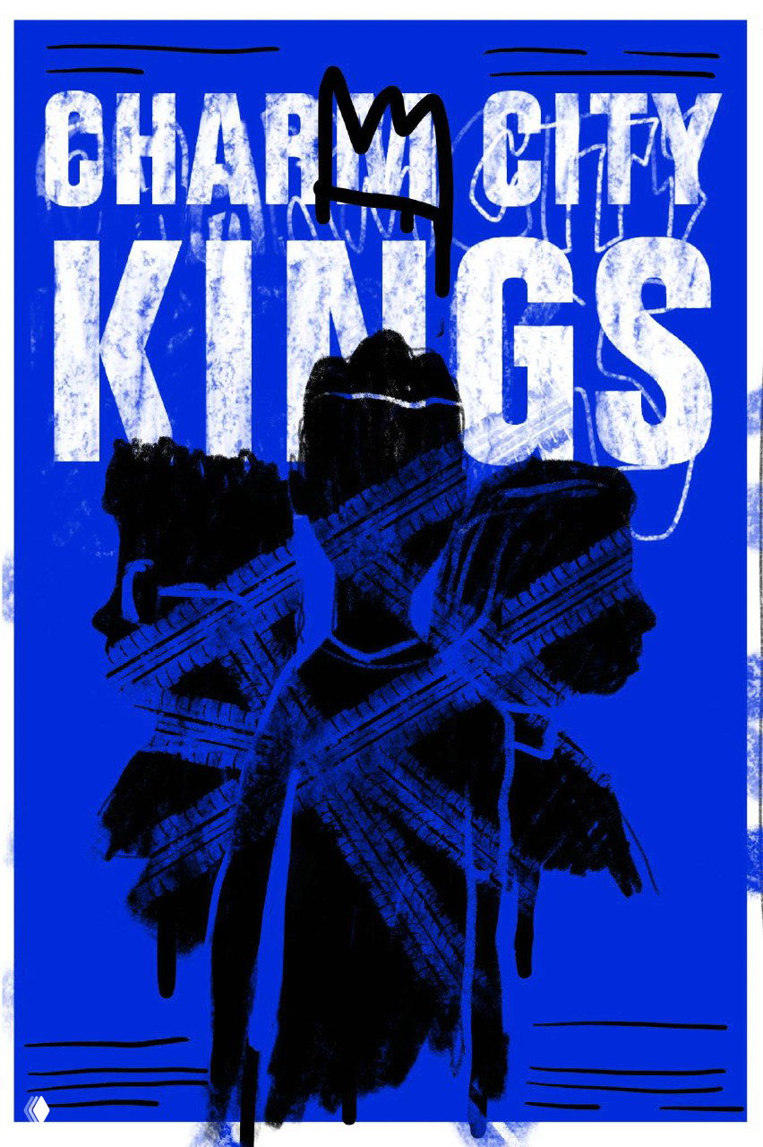 Синий графический постер с контрастными чёрными мазками и белой крупной типографией «Charm City Kings», смелая уличная эстетика дизайна.