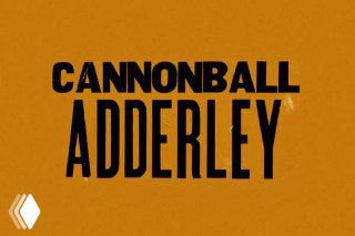 Чёрная строгая композиция с названием «Cannonball Adderley» на горчичном фоне, монохромная типографская эстетика ретролеттеринга.