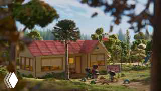 Кадр из стоп‑моушен: миниатюрный глиняный дом и фигурки на тщательно проработанной локации, созданной вручную для короткометражки.