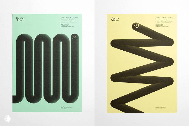 Постеры в зеленой и желтой гамме с длинными стилизованными «червями», визуализирующими движение и навигацию — графика для обозначения жанров и разделов.