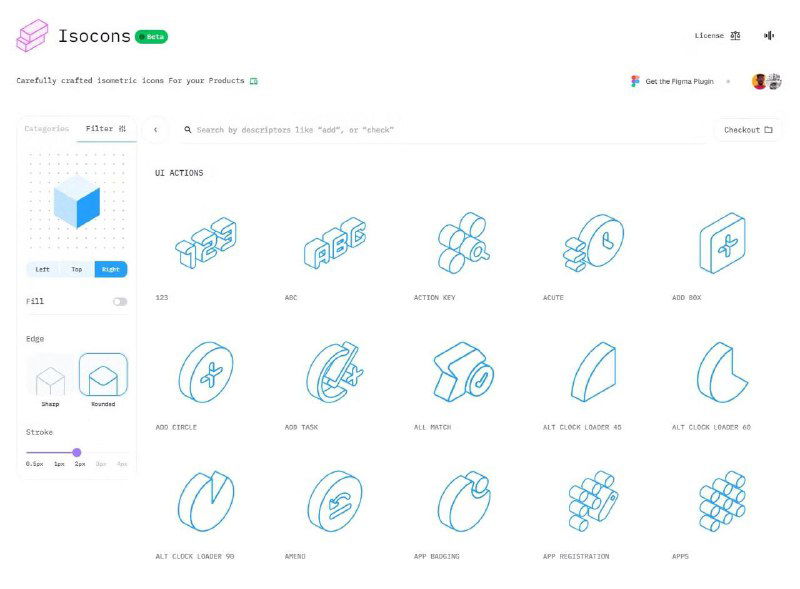 Скриншот страницы Isocons: сетка трёхмерных изометрических иконок в чертёжном стиле, варианты ракурсов и настройки отображения