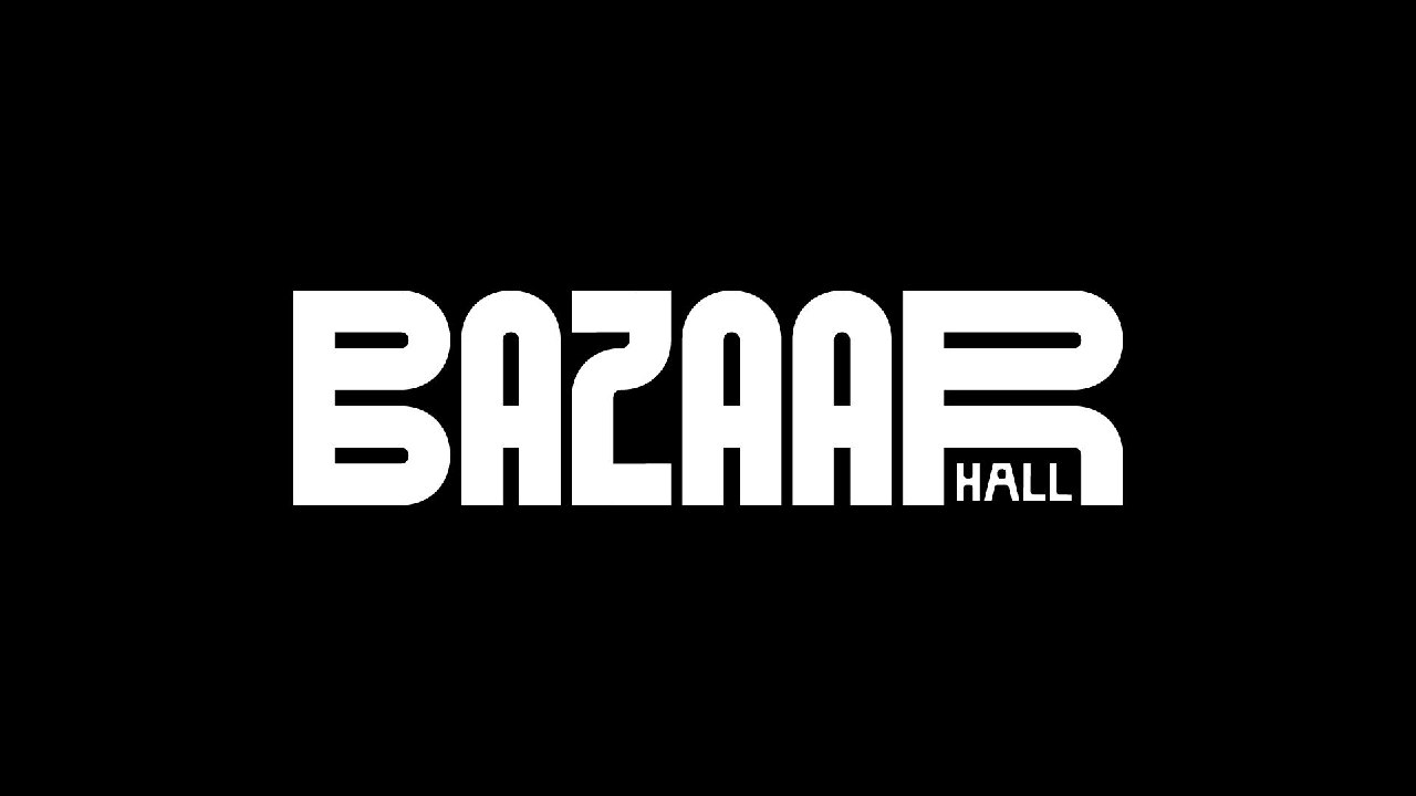 Белый крупный логотип «BAZAAR HALL» на чёрном фоне, монохромная презентация кастомной декоративной типографики и формы букв.