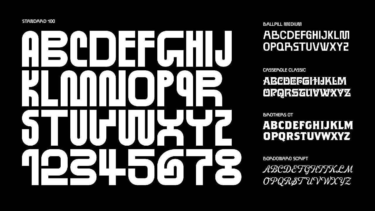 Примеры кастомной декоративной типографики: набор заглавных букв и цифр на тёмном фоне, показывающий формы и вариативность шрифта.