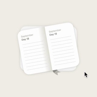 Открывающийся блок в виде блокнота с двумя страницами и тенью; демонстрация анимации перелистывания как микровзаимодействия.