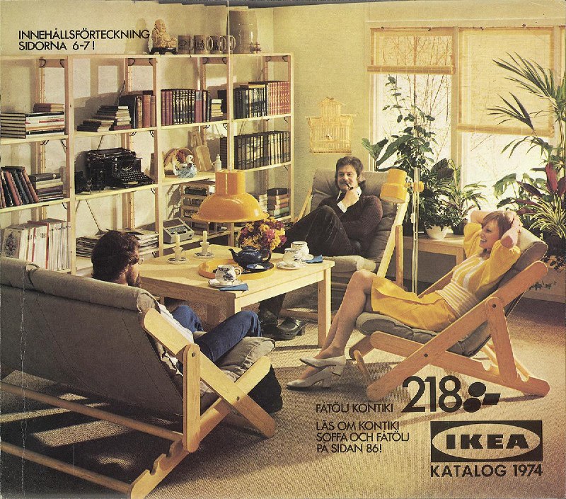 Обложка каталога IKEA с ретро‑гостиной 1970‑х: диван, кресла, стол и настольные лампы; сцена демонстрирует интерьер и эпоху, стиль и декор.