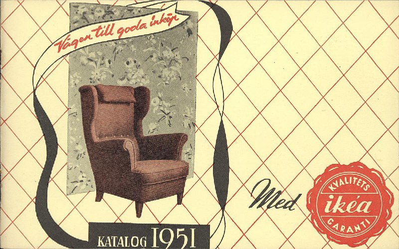 Обложка каталога 1951 года в винтажном стиле: иллюстрация кресла, декоративный фон и старинная типографика; визуально отражает дизайн середины XX века.