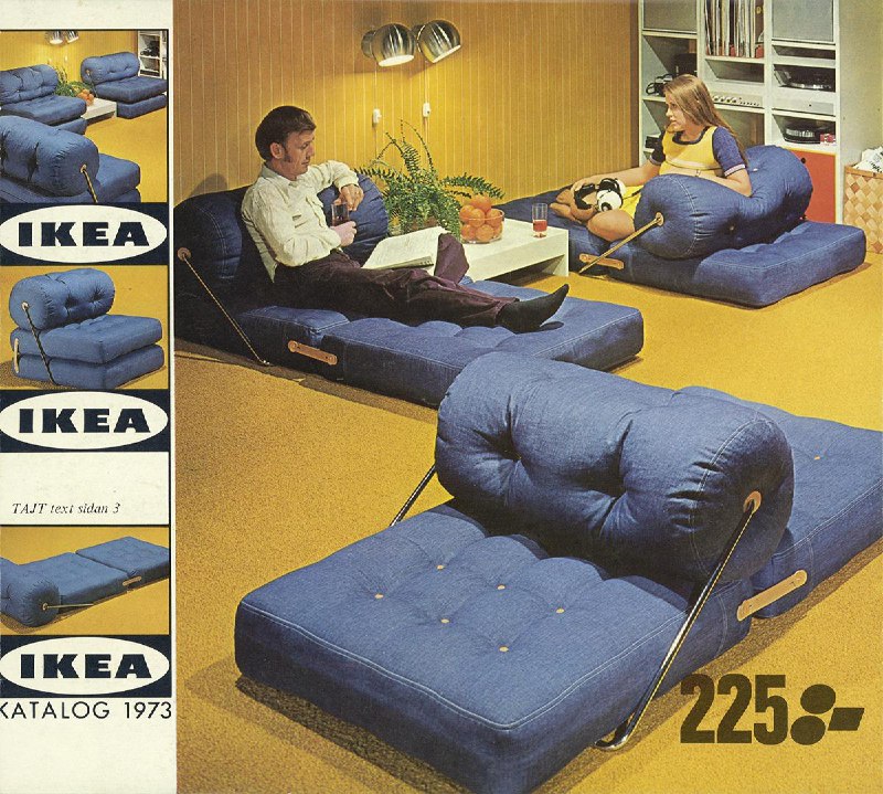 Разворот каталога IKEA 1973 года с синей модульной мягкой мебелью, ценниками на снимках и стилизованными фотографиями, характерными для эпохи.