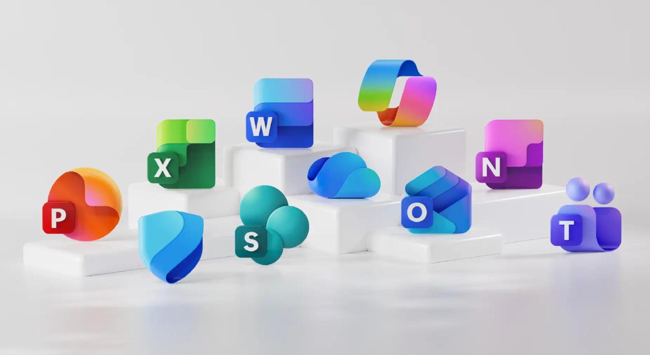 Рендер новых иконок Microsoft 365 на светлом фоне: набор разноцветных объёмных значков с подчёркнутой глубиной и скруглениями