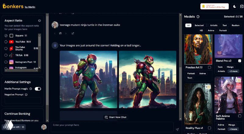 Интерфейс Bonkers (Merlin AI): тёмная панель с примерами изображений в двух вариантах, колонка пресетов и список моделей.