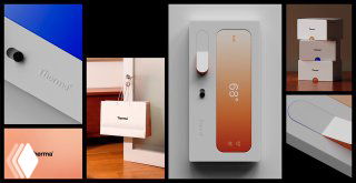 Рендеры брендинга Therma: логотип, макеты упаковки и интерфейс термостата в тёплой палитре, с мягкими градиентами и атмосферной съёмкой.