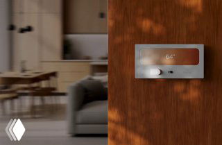Интерьерная сцена с настенным термостатом Therma: рендер устройства на деревянной поверхности, тёплая текстура и естественная освещённость.