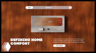 Макет лендинга Therma с крупным изображением интерфейса термостата, демонстрация градиентов, типографики и композиции страницы проекта.