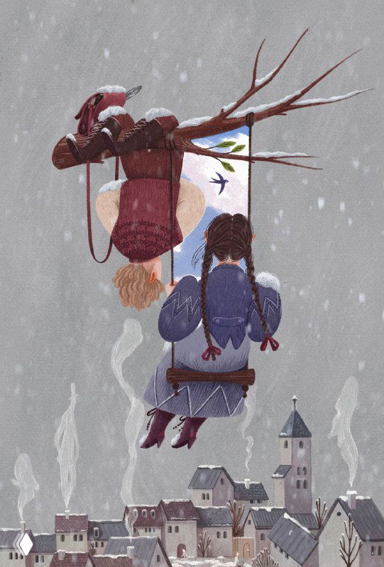 Иллюстрация в мягкой палитре: двое детей на качелях над зимним городом, падает снег, вдалеке полупрозрачные силуэты прохожих.