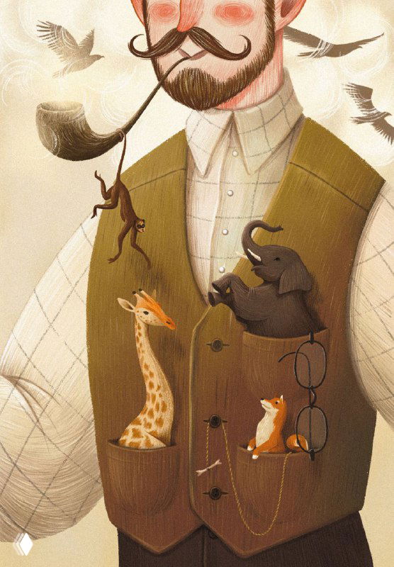 Портрет-иллюстрация мужчины в жилете, в карманах и на жилете размещены миниатюрные игрушечные животные — жираф, собака и лисёнок.
