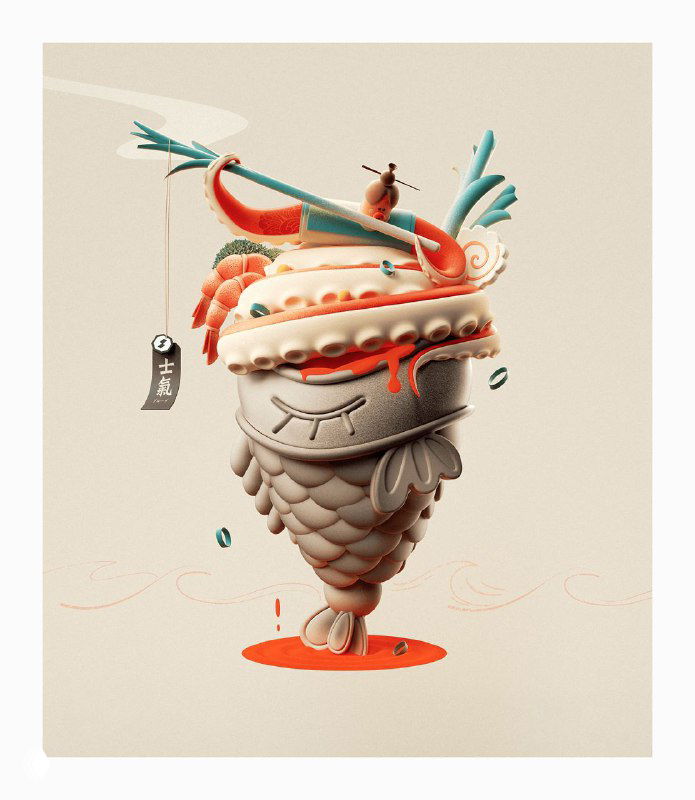 3D-иллюстрация из серии Fooooooood: фантазийная «чаша» с элементами еды, текстурами и декоративными деталями в мягкой пастельной палитре