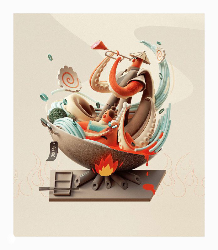 Иллюстрация в 3D-стиле: сцена с воком и пламенем, стилизованные продукты и плавные формы на фоне нейтрального холста в пастельных оттенках