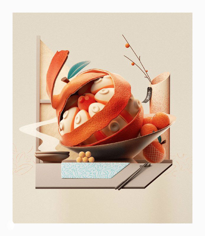 Скульптурная 3D-композиция: закрученные фруктовые и овощные элементы, игра света и тени на чистом минималистичном фоне, мягкая палитра