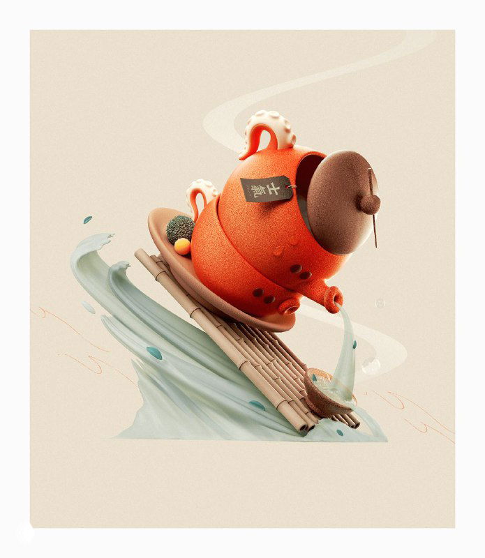 3D-иллюстрация чайника/сервиза с едой в декоративной стилизации; динамика форм, плавные контуры и графические акценты в работе автора