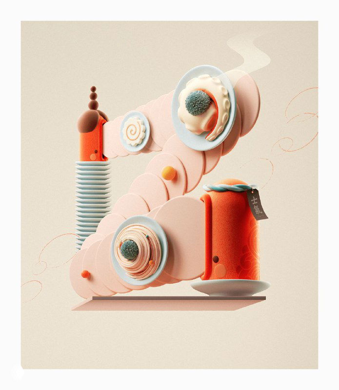 Абстрактная 3D-композиция с элементами сервировки и кондитерских форм; сочетание текстур, рулонов и геометрии в мягких тонах