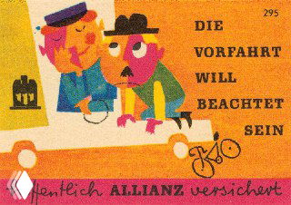 Цветная винтажная этикетка с текстом на немецком языке и изображением людей в машине, призыв по безопасности на дороге в стилизованной графике