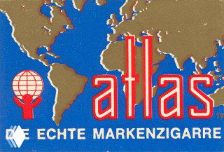 Яркая графическая этикетка с картой мира и надписью «atlas», рекламный дизайн табачной или сигаретной марки в винтажной стилистике