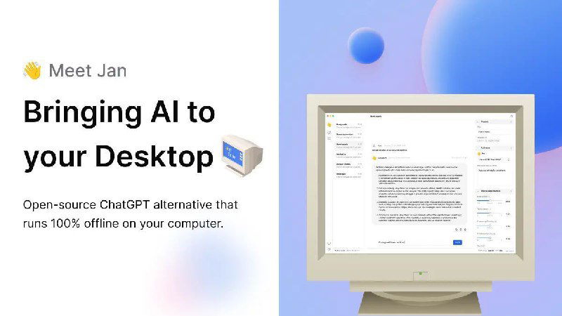 Промо-баннер Jan: слева заголовок «Bringing AI to your Desktop», справа окно интерфейса приложения на бледно-голубом пастельном фоне.