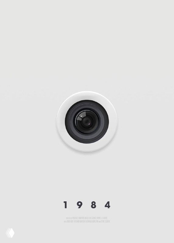 Строгий минималистичный постер «1984» с центральной круговой камерой и огромным пустым полем — концептуальный афишный дизайн.