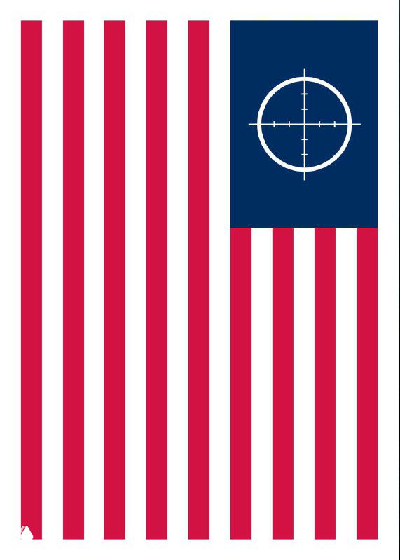 Постер, стилизованный под флаг США с прицельной меткой вместо звёзд; политизированная иконография в минималистской манере.