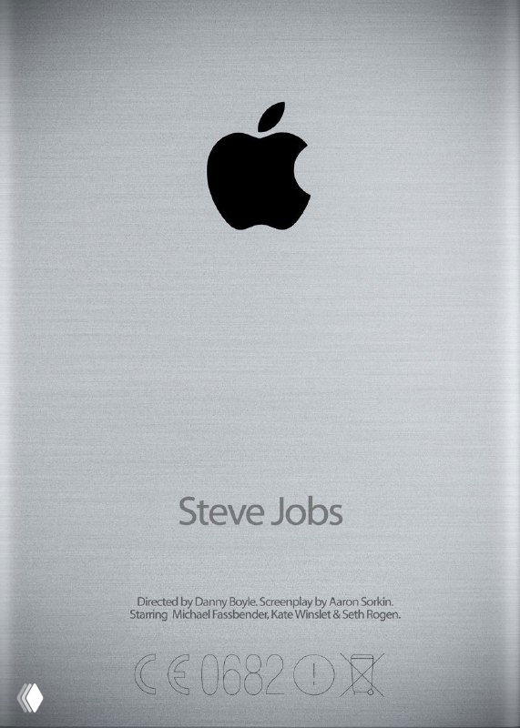Серебристый постер с яблочным логотипом и минимальным текстом «Steve Jobs» — лаконичная афиша, где знак выступает центральным элементом.