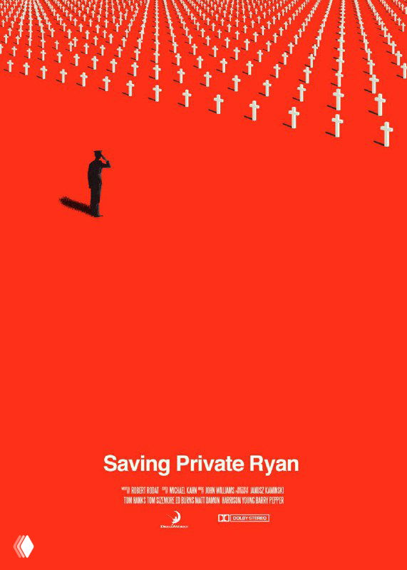 Ярко‑красный постер «Saving Private Ryan» с рядам крестов и маленькой фигурой — сильная, лаконичная визуальная метафора войны.