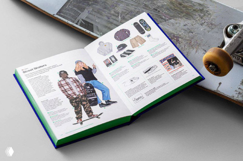 Разворот книги «Stylepedia» с фотоколлажами, текстом и предметными снимками — демонстрация стилизованных материалов и подбора изображений.