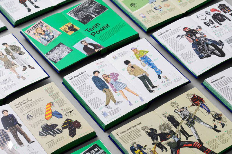 Несколько разворотов «Stylepedia» в плоской укладке — разноцветные страницы и иллюстрации, показывающие разнообразие тем и субкультур внутри книги.