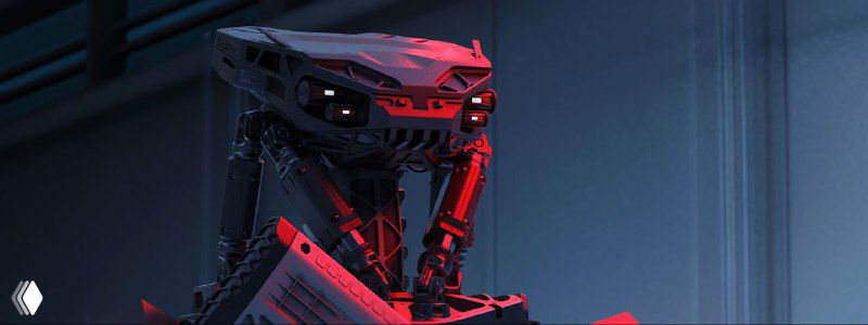 Тёмный механический агрегат с красной подсветкой и сложной геометрией — атмосферный концепт‑шот робота или устройства в 3D.