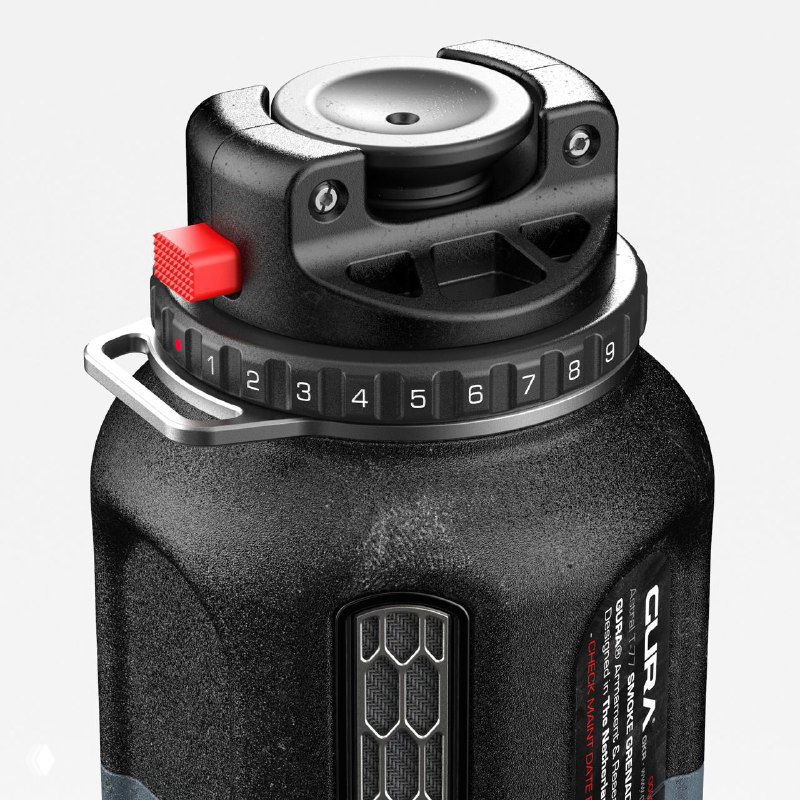 Чёрный цилиндрический модуль с циферблатом и фиксирующим элементом на светлом фоне — технический хард‑серфейс компонент в 3D.