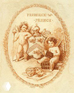 Ретро-экслибрис с двумя ангелоподобными фигурами и декоративной овальной рамкой, образец книжного знака конца XIX — начала XX века.