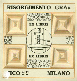 Геометрический экслибрис в стиле ар-нуво/ар-нуво с надписью и стилизованным центральным круговым мотивом, образец книжного знака.