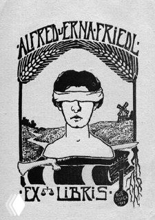 Черно-белый экслибрис с изображением закрытых глаз человека и фоном сельского пейзажа, выразительный графический книжный знак.