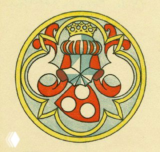 Яркий круглый экслибрис с геральдическим мотивом и короной, стилизованная эмблема как книжный знак в декоративной графике.