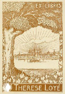 Пейзажный экслибрис с деревом на переднем плане и рассветным фоном—иллюстративный книжный знак с тонкой линейной гравюрой.