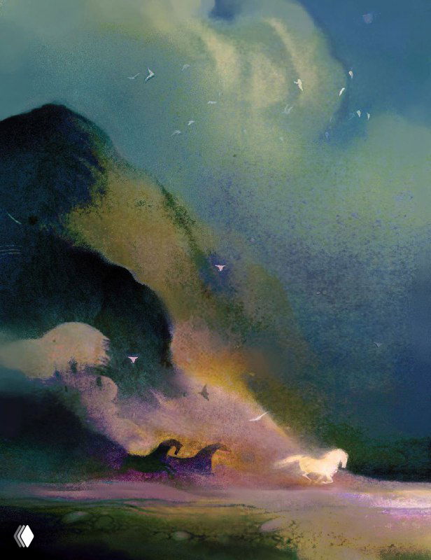 Сказочный пейзаж Эрин Уэст: тёплые тона неба, силуэты холмов и едва различимые фигуры лошадей на переднем плане в мягкой текстурной технике.